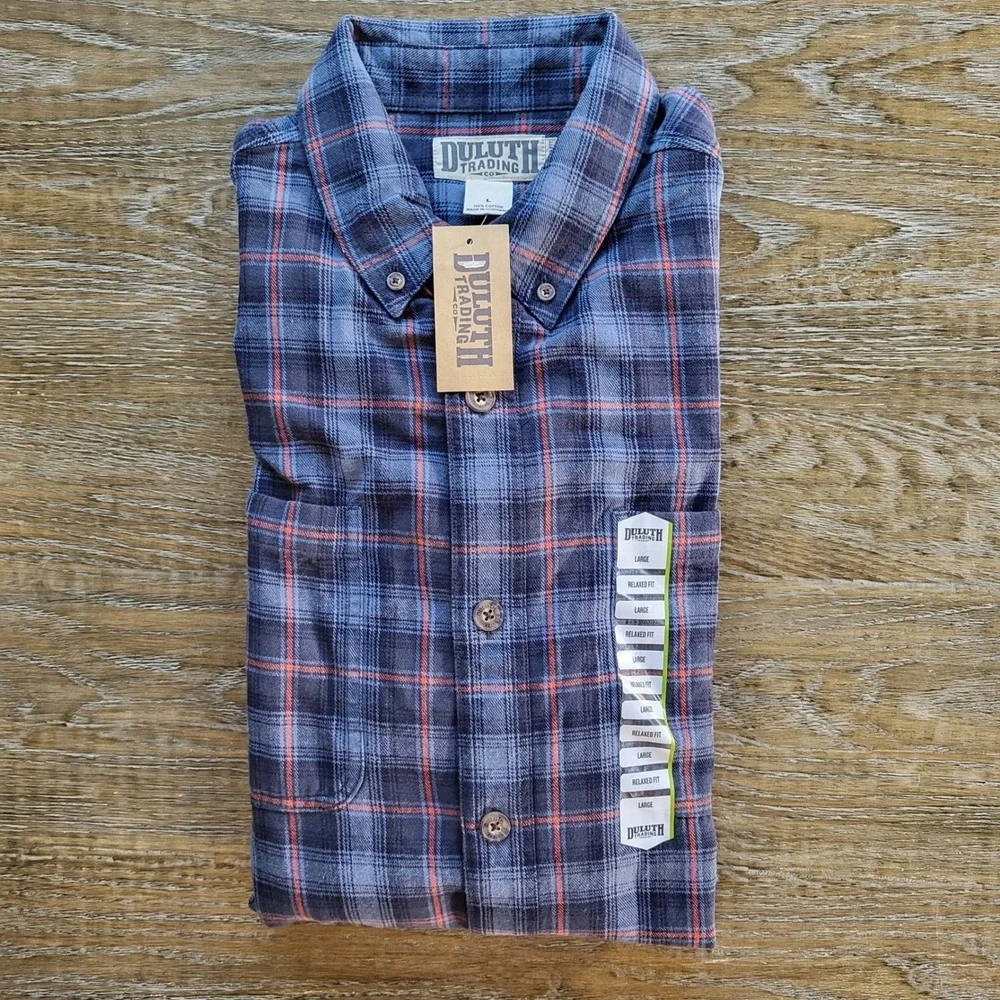 NWT Duluth Trading Co Mens Free Swingin Flannel Blue Orange Plaid L 52007 IKD